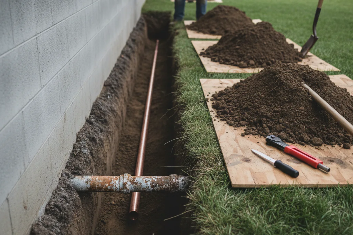 Excavated water line trench during Water Softener Installation in Norton